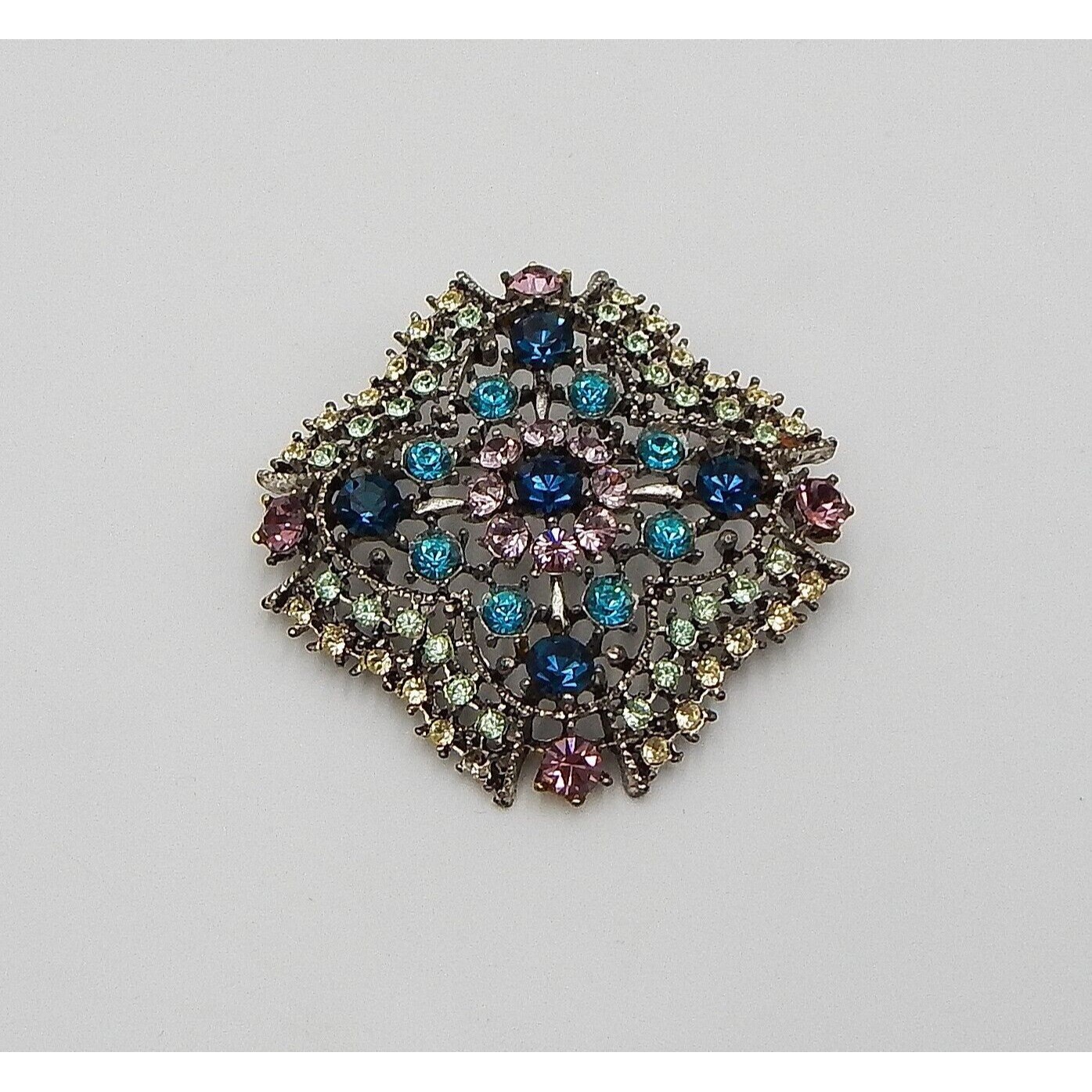 Graziano Multicolored Rhinestone Silver Brooch Pin Clover Sapphire Blue Sign 54$